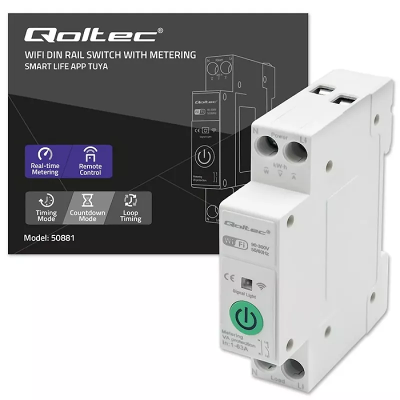 Przekaźnik WiFi na szynę DIN QOLTEC 50881 — przekaźnik przełączający zasilanie sieciowe 63A do instalacji elektrycznych