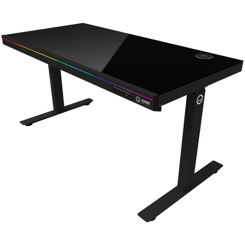 Biurko gamingowe z podnoszeniem elektrycznym, dwusilnikowe, regulowana wysokość siedząco-stojąca, z bezprzewodową ładowarką, podświetleniem RGB, panelem sterowania i portami USB, blat z hartowanego szkła, czarny.