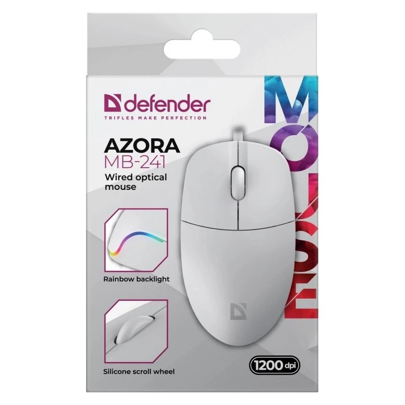 Mysz przewodowa DEFENDER AZORA MB-24 — symetryczna optyczna USB, 1200 DPI, 3 tryby rozdzielczości, biała, 109×86×34 mm