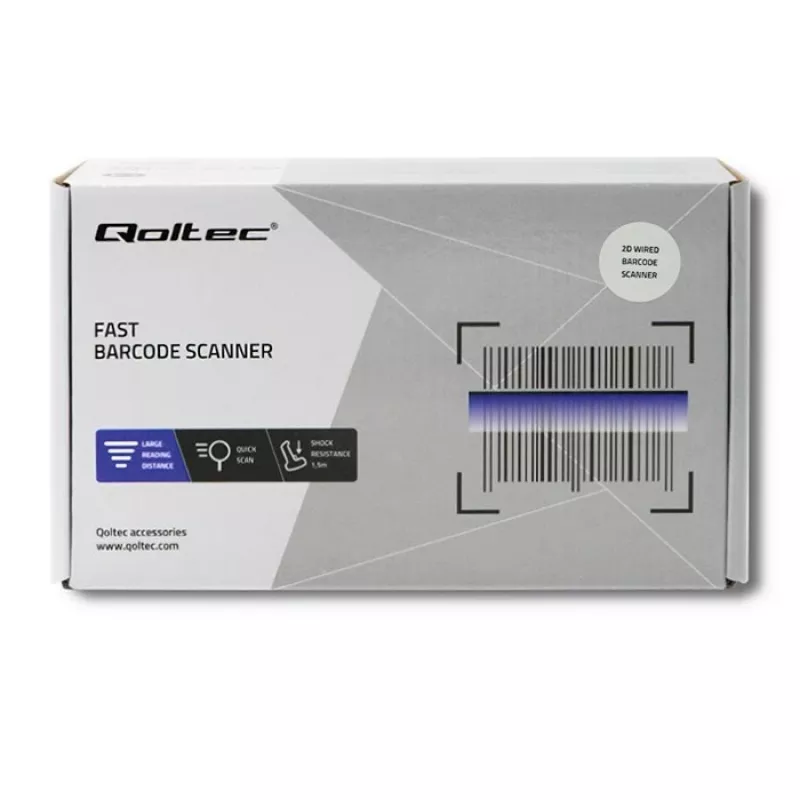 Ręczny czytnik kodów kreskowych QOLTEC 50863 — skaner 1D/2D, przewodowy USB, sensor LED, czarny, 5V, kabel 1,8 m
