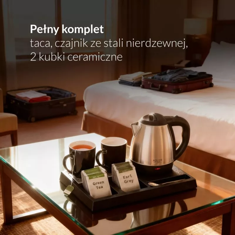 Czajnik hotelowy Adler AD 1354 ze stali nierdzewnej 1,2 l + taca z kubkami czarny, stal