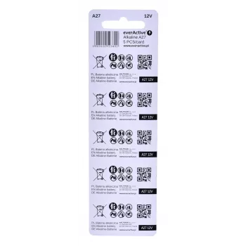 Akumulatorki everActive 27A5BL, alkaliczne 12 V, cylindryczne, 5 szt., 27,3 × 7,62 mm