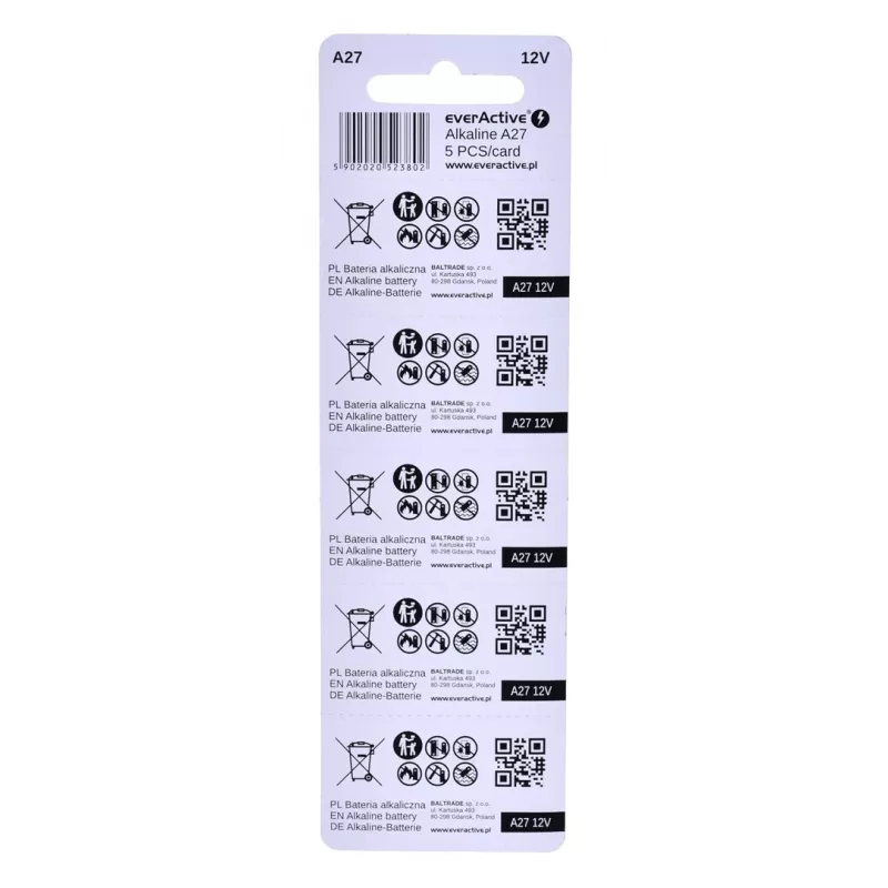 Akumulatorki everActive 27A5BL, alkaliczne 12 V, cylindryczne, 5 szt., 27,3 × 7,62 mm