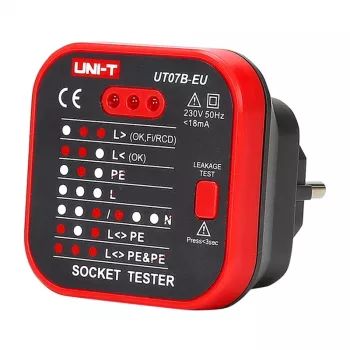 Tester gniazdek elektrycznych Unit UT07B-EU — kontrola napięcia i polaryzacji gniazda, wtyczka EU