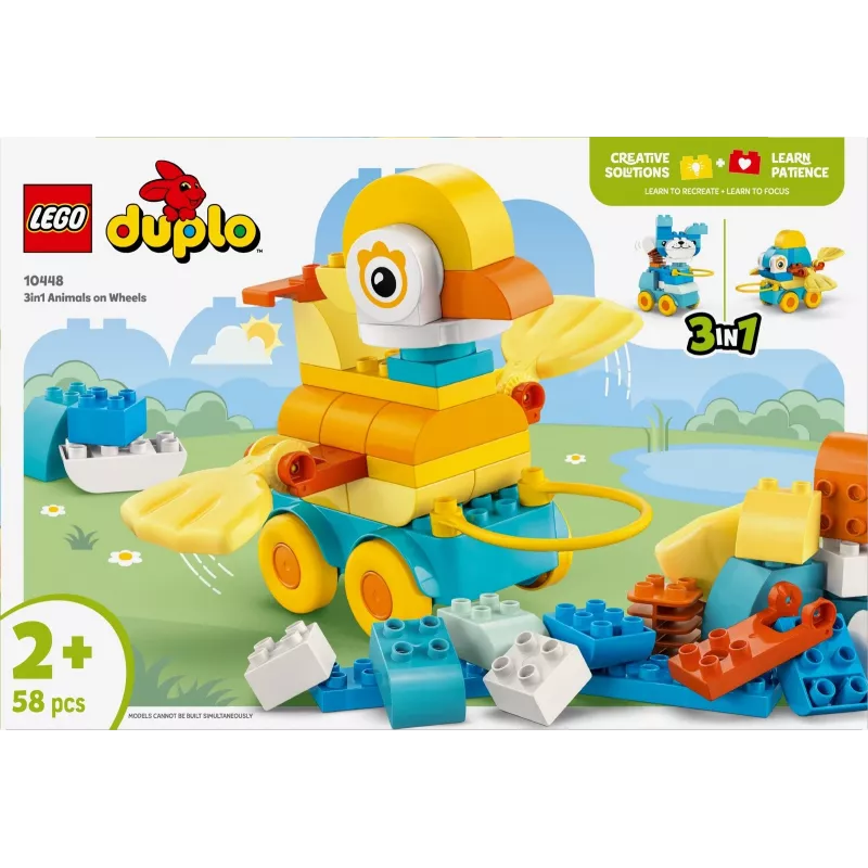 Zestaw klocków LEGO DUPLO 3w1 Zwierzęta na kółkach 10448 — Zestaw konstrukcyjno-zabawowy DUPLO, 58 elementów, od 2 lat