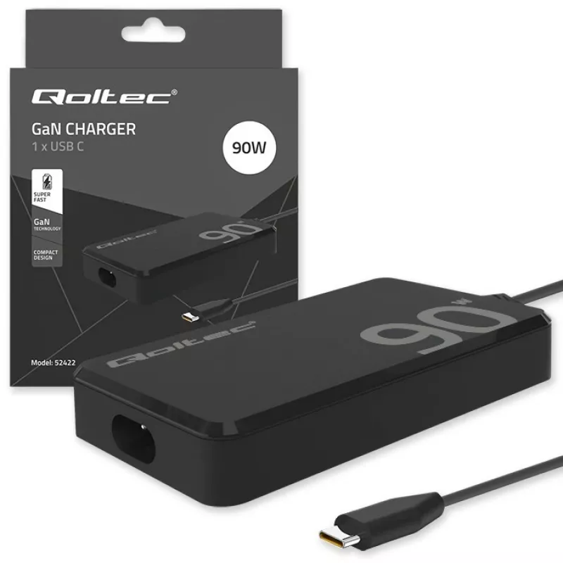 Qoltec 90W GaN Super Fast SLIM Ładowarka ścienna | XP | 5-20V | 4,5A | USB-C 3.1 | Laptop | MacBook | Smartfon | + kabel