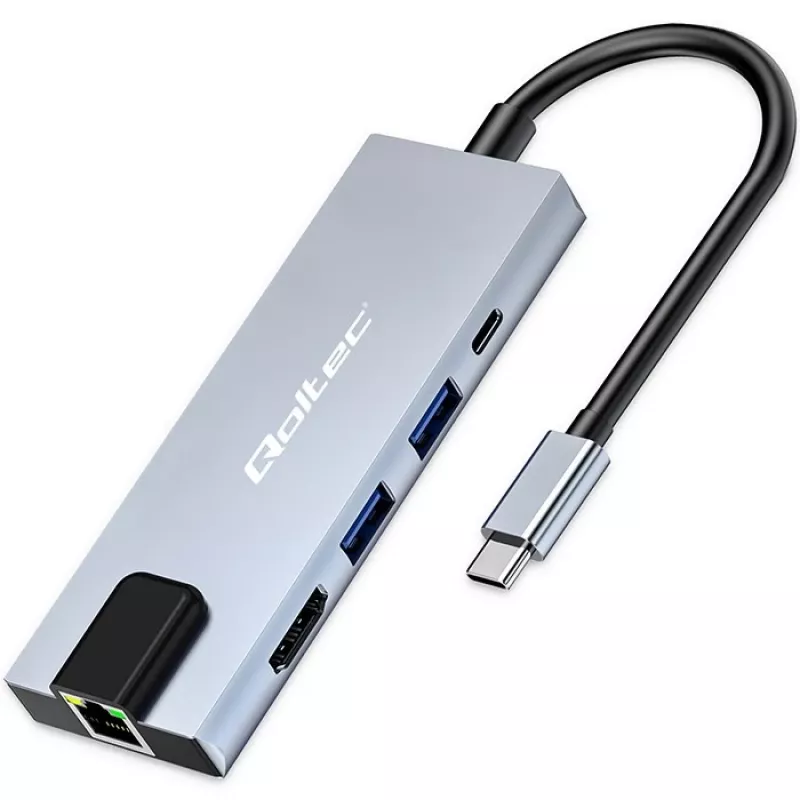 Hub USB-C QOLTEC 53795 5‑w‑1 z PD 100W, 2×USB-A, HDMI 4K, RJ45