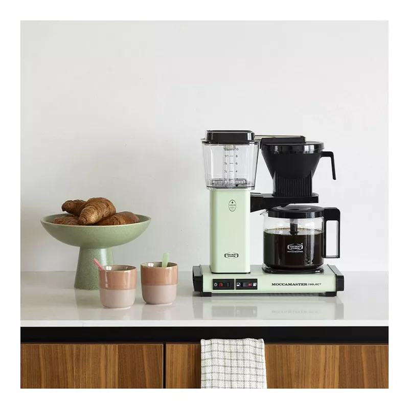 Ekspres przelewowy MOCCAMASTER KBG Select — zbiornik na wodę 1,25 l, pojemność 10 filiżanek, stal nierdzewna, pastelowa zieleń