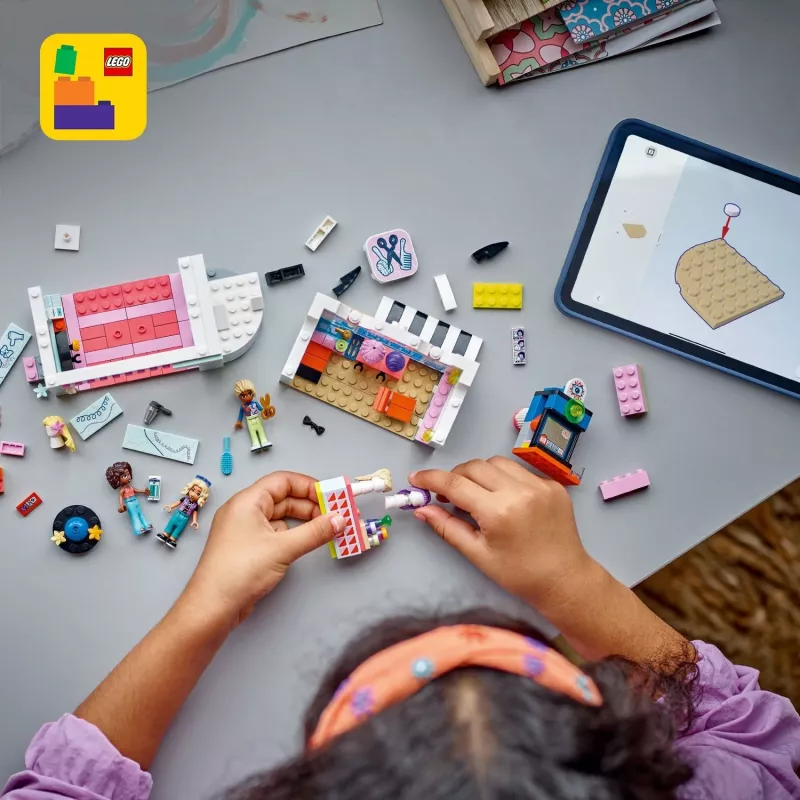 Zestaw LEGO Friends Salon fryzjerski i sklep dekoracyjny 42662 — minilaleczki, scena salonu, akcesoria