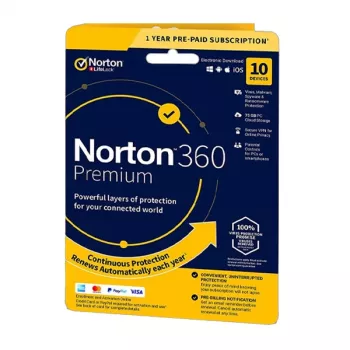 Norton 360 Premium | 10 urządzeń | 1 rok | 75 GB pamięci w chmurze | UE | NIEODNOWIENIE SUB