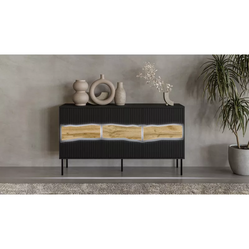 Komoda cama meble INSERTO 3D 143,5×40×80 cm czarna z LED, płyta wiórowa, rama 16 mm