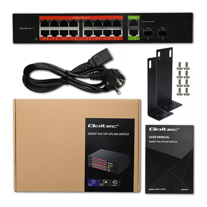 Przełącznik sieciowy QOLTEC 52292 — Gigabit Ethernet PoE, 16x RJ45, 2x RJ45 uplink, 2x SFP