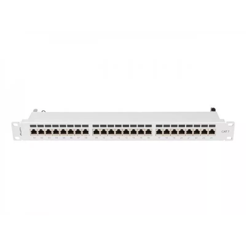Patch panel 1U LANBERG PPS7-1024-S — 24-portowy, Cat7, F/UTP, metalowy, 1U (445×102×44,5 mm)