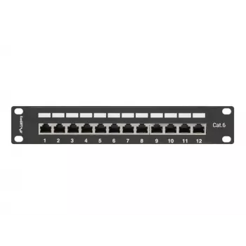 Patch panel LANBERG PPF6-9012-B — 12-portowe RJ45, metalowy, czarny, 1U (215×44,5×130 mm)