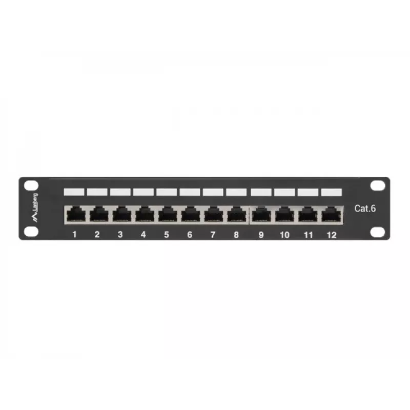 Patch panel LANBERG PPF6-9012-B — 12-portowe RJ45, metalowy, czarny, 1U (215×44,5×130 mm)
