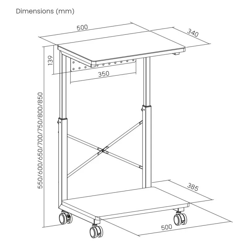 Wózek pod CPU z półką NanoRS, maks. 80 kg, regulowana wysokość 550–850 mm, RS430