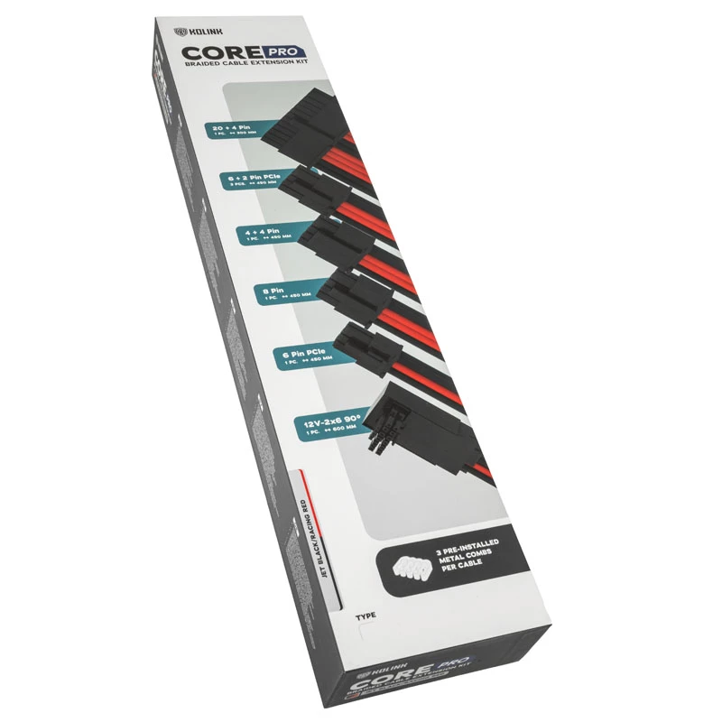 Zestaw przedłużaczy w oplocie Kolink Core Pro 12V-2x6 Typ 1 Jet Czarny/Racing