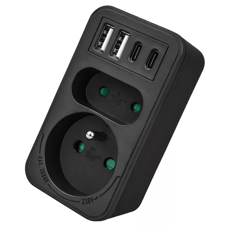 Rozgałęźnik zasilania MACLEAN MCE249 F/B — 2 gniazda AC (16A + 6A) z 2×USB-A i 2×USB-C PD 20W, wtyk EU, czarny