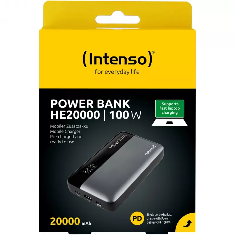 Powerbank INTENSO 7350050 — 20000 mAh, 1× USB-A + 2× USB-C, łączna moc wyjściowa 100 W, czarno-szary