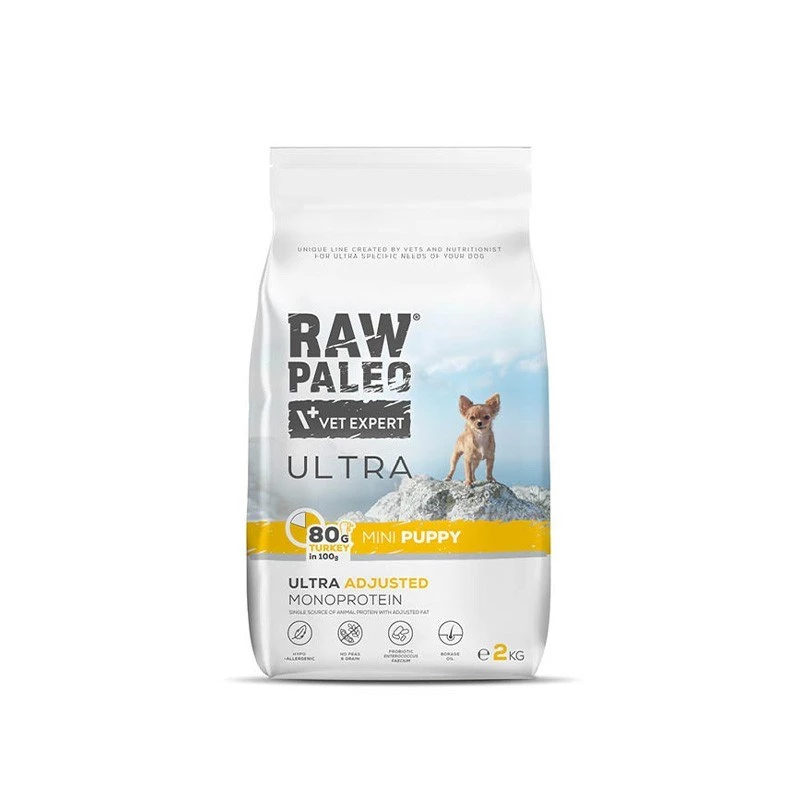 Sucha karma dla psa VETEXPERT RAW PALEO Ultra Mini Puppy Turkey 2 kg — suchy granulat, monoproteinowa, 30% białka, 14% tłuszczu, dla szczeniąt ras małych 2–4,9 kg