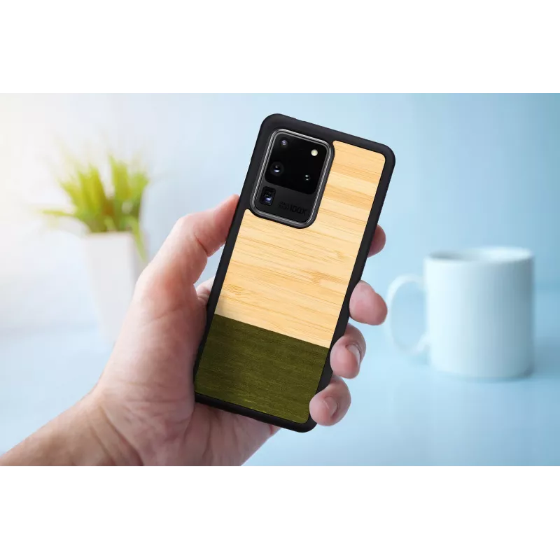 Phone case man and wood Galaxy S20 Ultra bamboo Czarny — obudowa ochronna, naturalna wkładka bambusowa