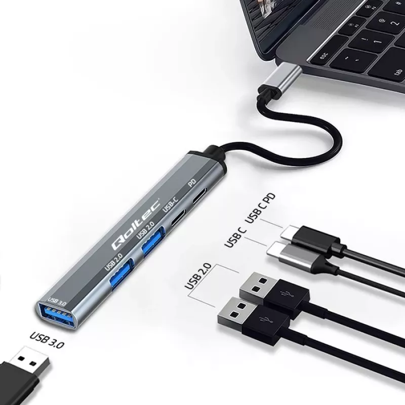 Qoltec 53790 Hub Adapter USB-C 3.1 5in1 | USB-C PD | USB-C | 2x USB 2.0 | USB 3.0