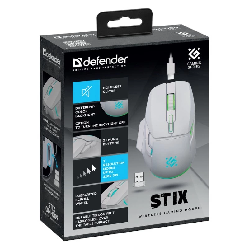 Mysz bezprzewodowa DEFENDER Stix GM-009 RF — optyczna 3200 DPI, 6 przycisków, symetryczna, USB RF, zasilana bateriami, biała