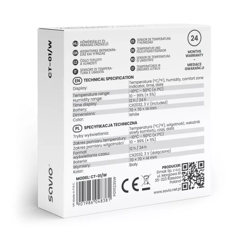 Wewnętrzny czujnik temperatury i wilgotności SAVIO CT-01/W, wyświetlacz LCD, -10–55°C, 10–99%RH, bateria CR2032