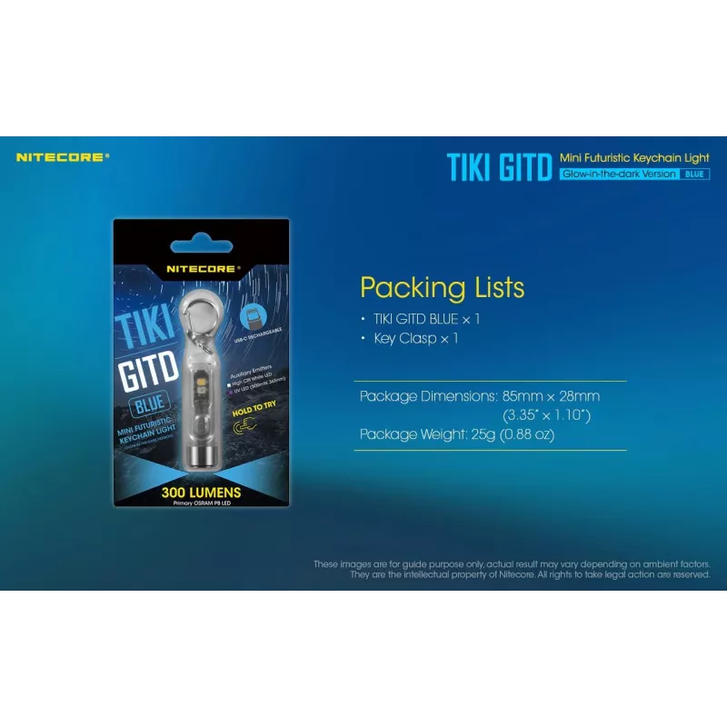 Latarka na klucze Nitecore TIKI GITD niebieski — szara, ładowana przez USB, 1 lm, 55 mm, 12 g, IP66, odporna na wstrząsy