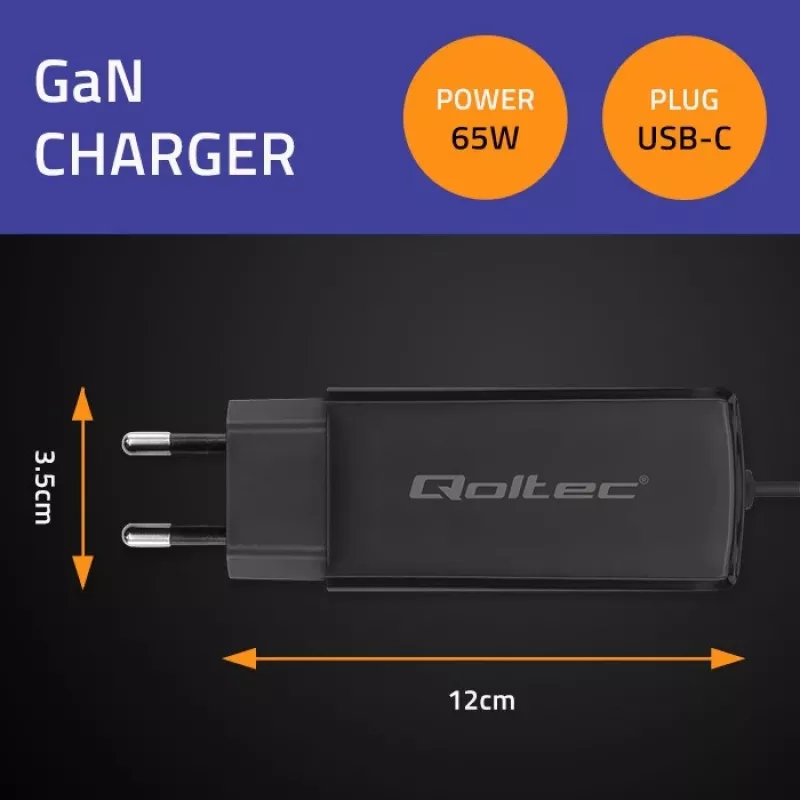 GaN Laptop Charger QOLTEC 52419 65W USB-C PD 5V/20V 3A/3,25A, 220–240V, kabel 1,8m, czarny