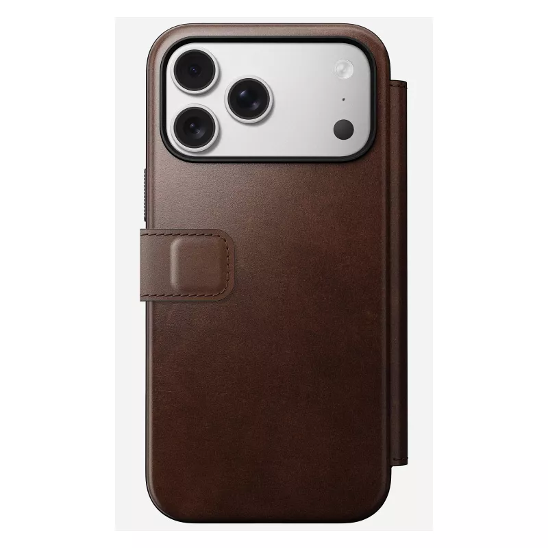Nomad Modern Leather Folio etui na telefon komórkowy Pokrowiec dla iPhone 17 Pro Max — Brązowy, skóra, ekran 6,3 cala, 4 kieszenie na karty