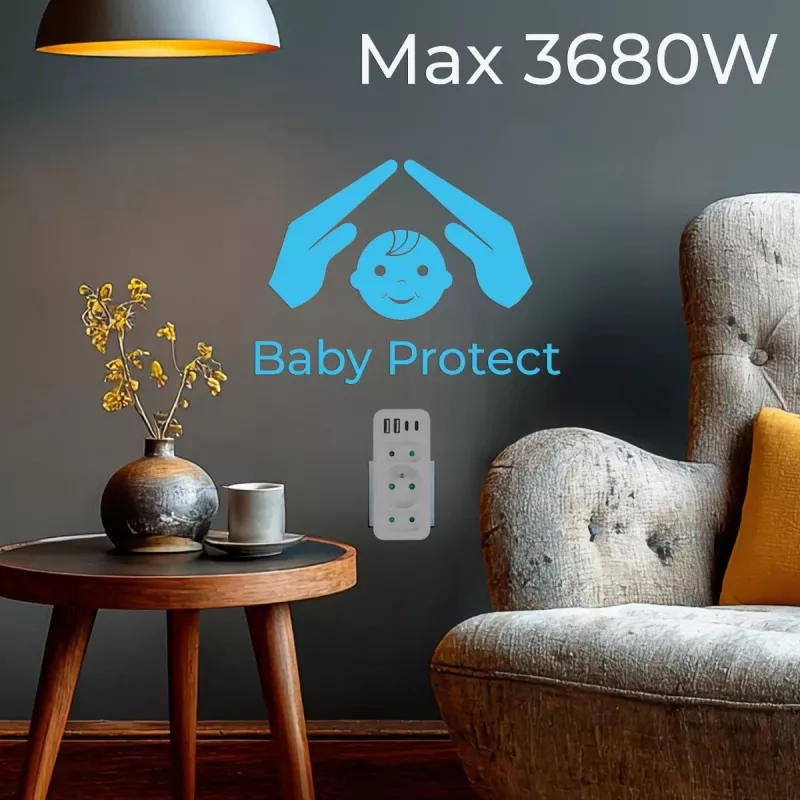 Rozgałęziacz zasilania MACLEAN MCE248 F/W — 3 gniazda AC (1×16A, 2×6A) + 4×USB (2×A, 2×C PD 20W), wtyczka EU, biały