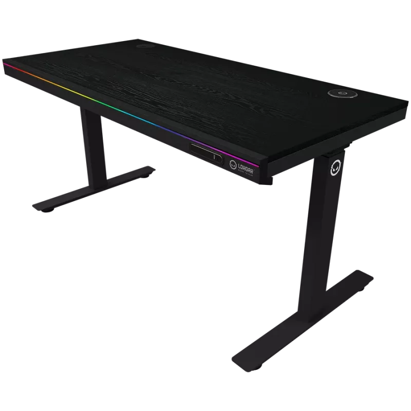 Biurko gamingowe z dwoma silnikami, regulacją wysokości (siedząco-stojąca), ładowarką bezprzewodową, podświetleniem RGB, panelem sterowania i portami USB, blat z melaminy PB, kolor czarny.
