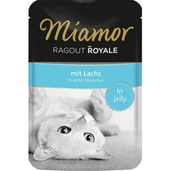 Mokra karma dla kota Miamor Ragout Royale w galarecie z łososiem 100 g — dla dorosłych, 82 kcal/100g, białko 8%, tłuszcz 5%, wilgotność 82%