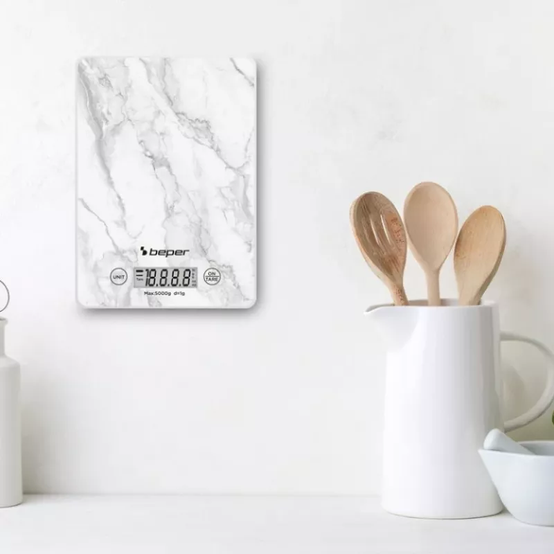 Waga kuchenna Beper P102BIL004 - cyfrowa, 5 kg, 1 g, biały marmur