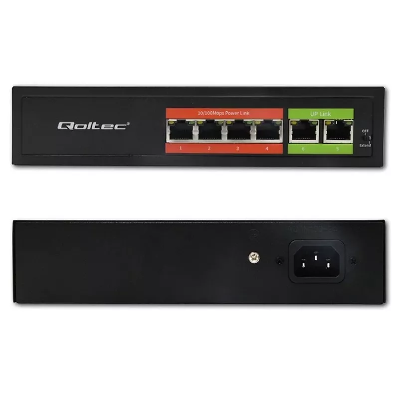 Przełącznik Ethernet PoE QOLTEC 52289 — 4 porty RJ45 PoE, 2 porty uplink RJ45, budżet mocy 65W
