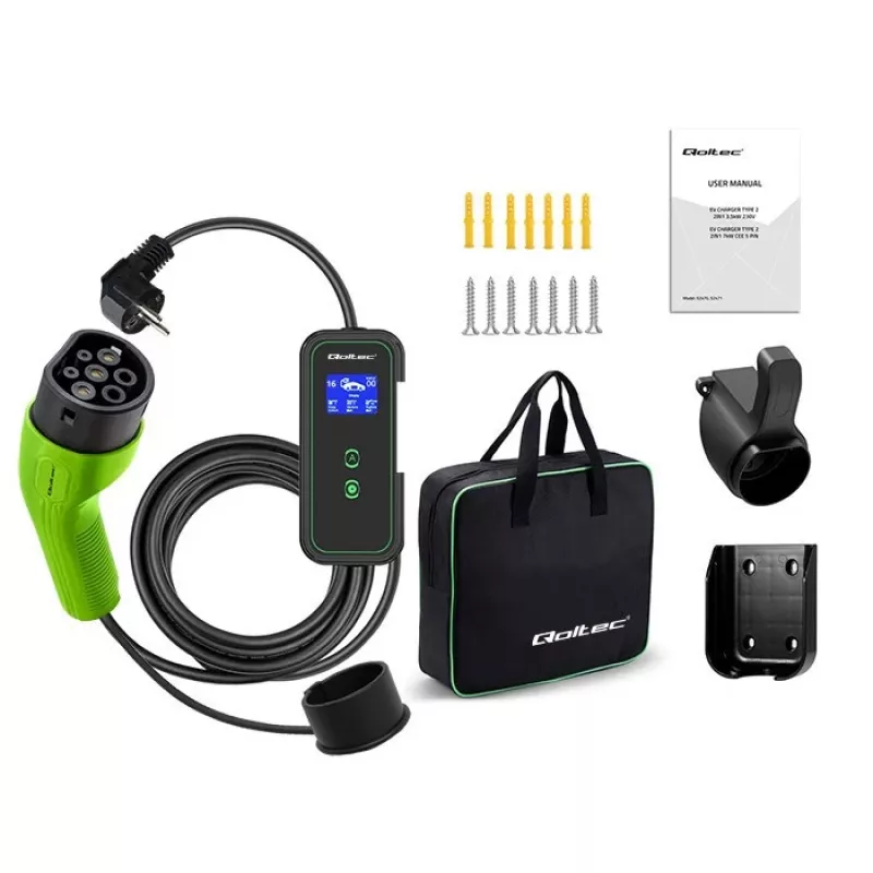 Qoltec Mobilny Ładowarka do EV 2w1 Typ2 | 3,5kW | 230V | Wi-Fi | LCD | Przenośna | Wallbox | 5m