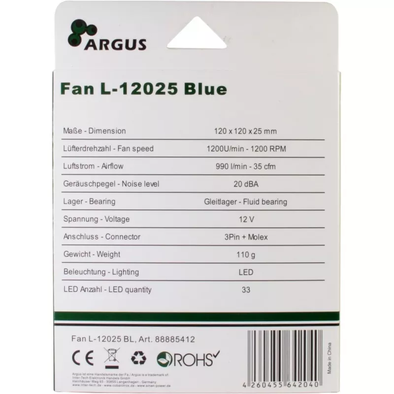 INTER-TECH Argus L-12025 120mm niebieski wentylator LED do obudowy