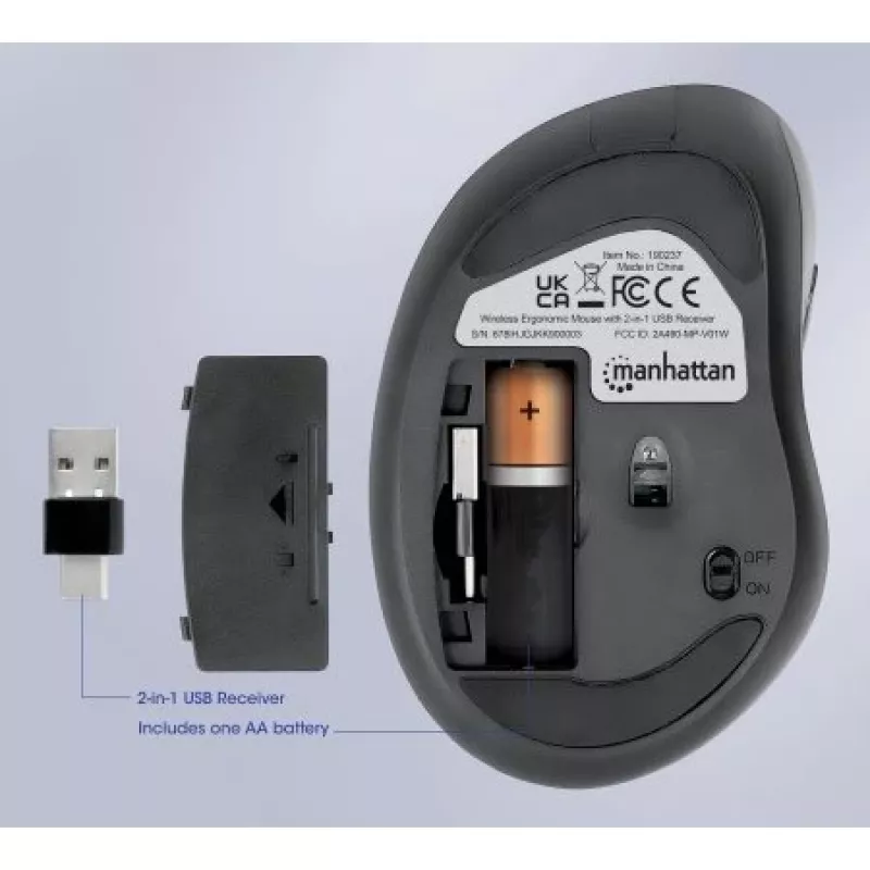 Manhattan Ergonomic Wireless mysz, Right Handed, Adjustable 800/1200/1600dpi, 2.4Ghz (up to 10m), Six Button with Scroll Wheel, Combo USB=A and USB-C receiver, Czarny, AA bateria (included), Three Year Warranty