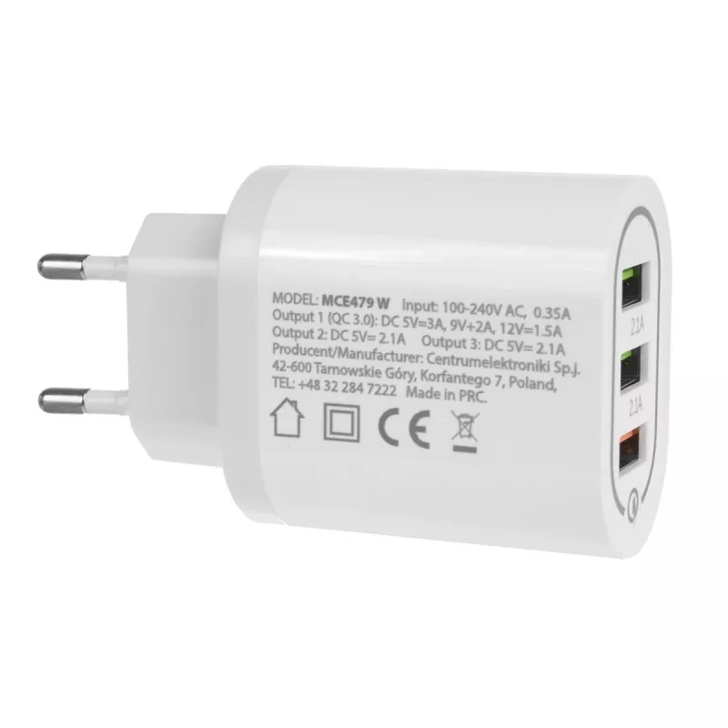 Ładowarka sieciowa MACLEAN MCE479W — szybka ładowarka USB z 3 portami, łączna moc wyjściowa 18 W