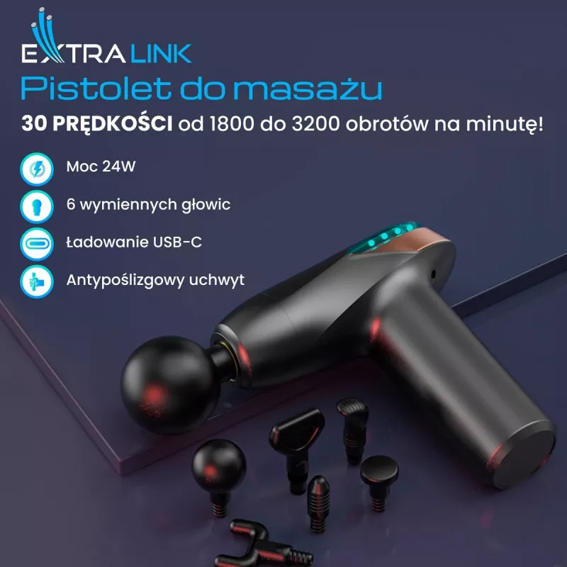 Pistolet do masażu Extralink MSG-02-LITE 3200 RPM 6 końcówek