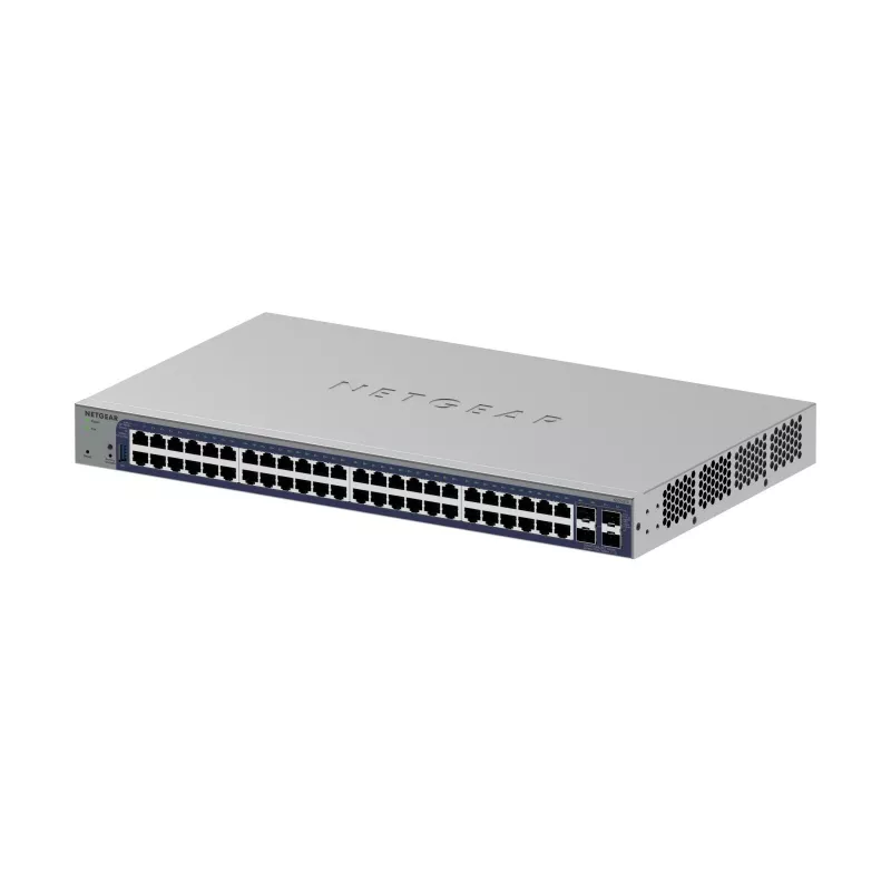 Zarządzalny przełącznik Gigabit Ethernet Netgear GS752TX, 48x RJ-45 10/100/1000, obsługa 10G, 1U do montażu w szafie, szary