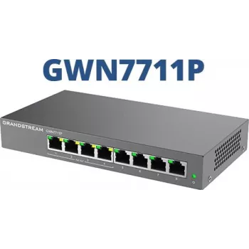 Zarządzalny przełącznik sieciowy Gigabit PoE L2 Grandstream GWN7711P — 8x RJ-45 10/100/1000, 48 V DC, do montażu na biurku/ścianie