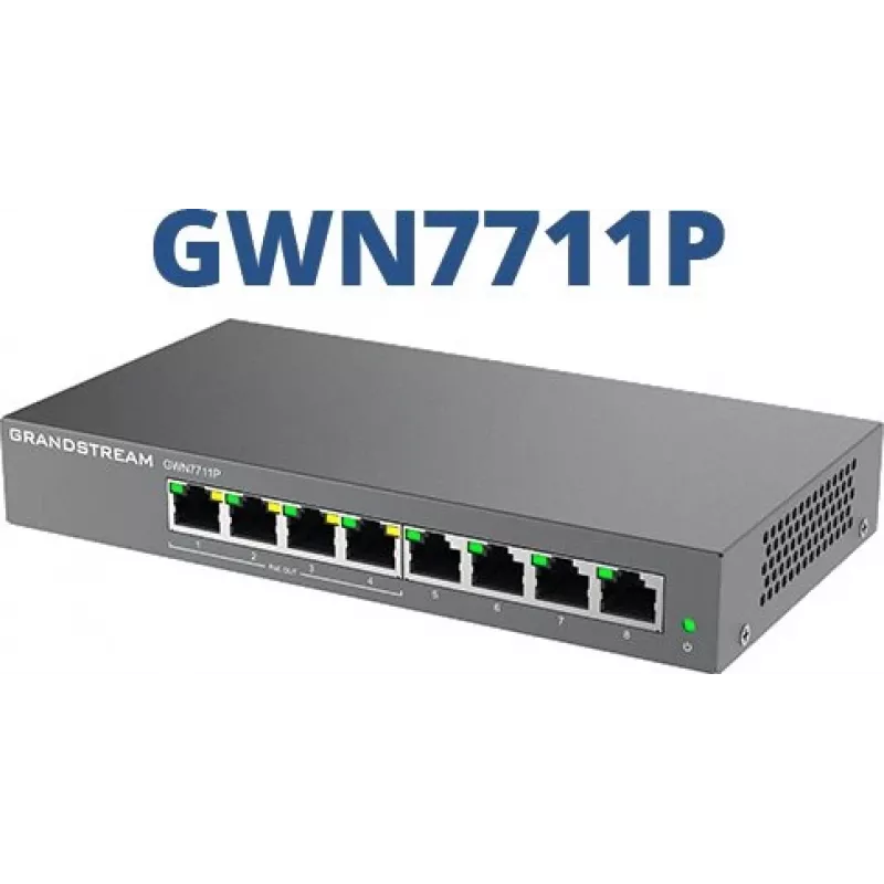 Zarządzalny przełącznik sieciowy Gigabit PoE L2 Grandstream GWN7711P — 8x RJ-45 10/100/1000, 48 V DC, do montażu na biurku/ścianie