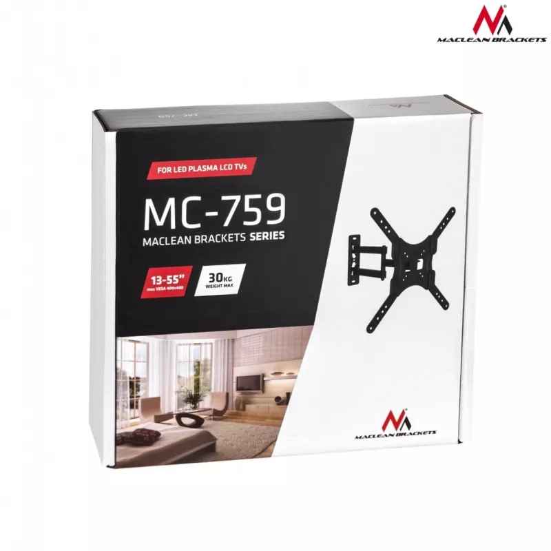 Uchwyt ścienny do telewizora Maclean MC-759 dla ekranów 13–55 cali, udźwig 30 kg, VESA 75x75–400x400, regulacja nachylenia i głębokości