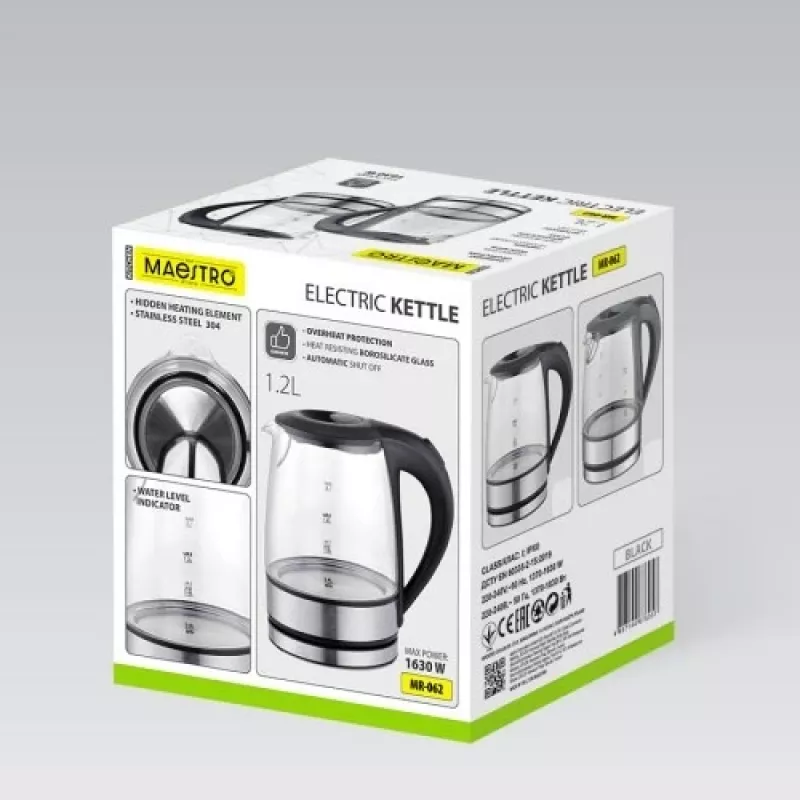 Maestro MR-062-BLACK Czajnik elektryczny szklany, 1630 W, 1,2 L