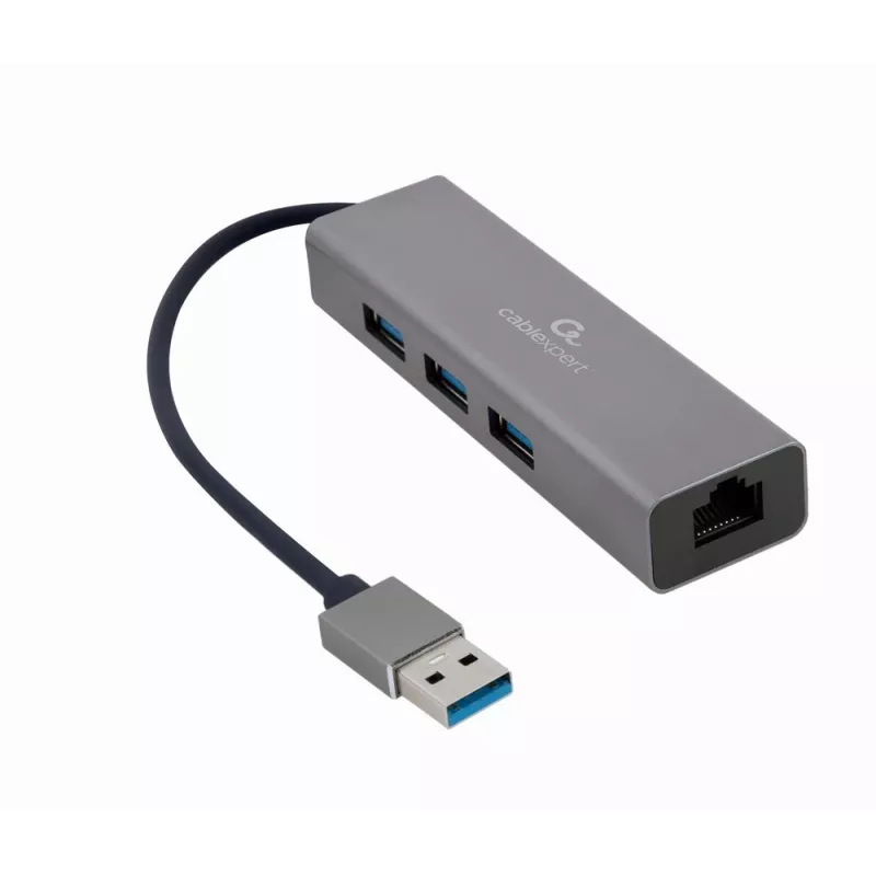 Gembird A-AMU3-LAN-01 adapter USB-A na Gigabit LAN z 3-portowym hubem USB 3.0, czarny