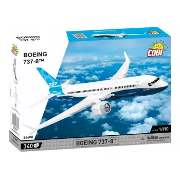Zestaw konstrukcyjny Cobi Boeing 737-8 — 340 elementów, zalecany wiek 7+, niebieski i biały