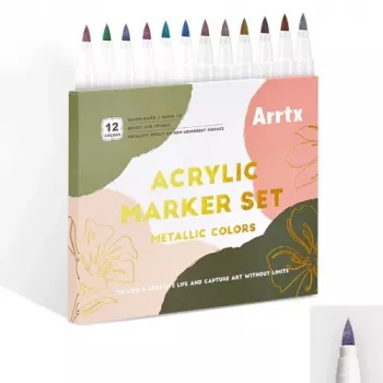 Arrtx Acrylic Marker Pens LC303649 — zestaw 12 metalicznych kolorów, farba akrylowa, końcówki cienkie/szerokie