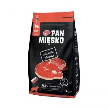 Sucha karma dla psa Pan Mięsko Wołowina z kozą dla dorosłych chrupiąca M — 9 kg, 30% białka, 20% tłuszczu, bezglutenowa